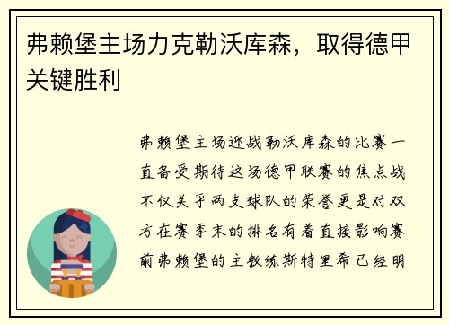 弗赖堡主场力克勒沃库森，取得德甲关键胜利