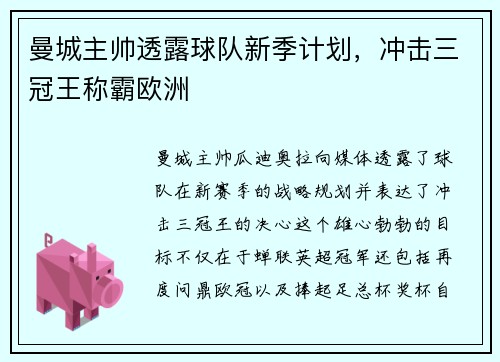 曼城主帅透露球队新季计划，冲击三冠王称霸欧洲