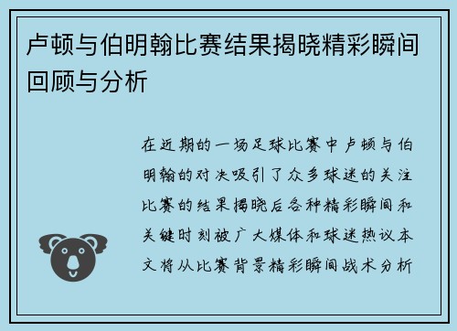 卢顿与伯明翰比赛结果揭晓精彩瞬间回顾与分析