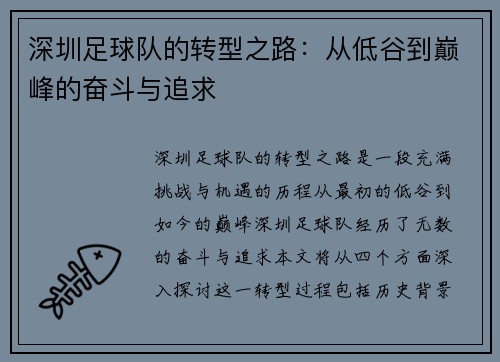 深圳足球队的转型之路：从低谷到巅峰的奋斗与追求