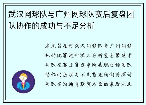 武汉网球队与广州网球队赛后复盘团队协作的成功与不足分析