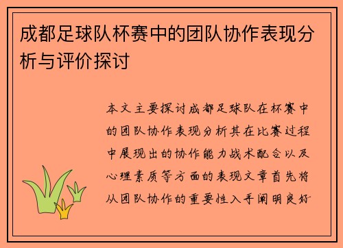 成都足球队杯赛中的团队协作表现分析与评价探讨
