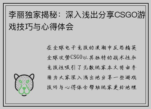 李丽独家揭秘：深入浅出分享CSGO游戏技巧与心得体会