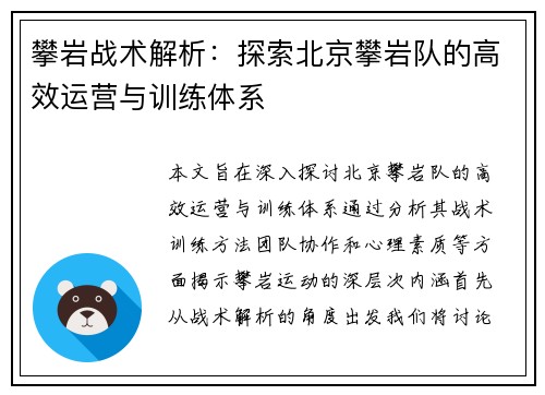 攀岩战术解析：探索北京攀岩队的高效运营与训练体系